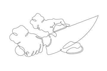 One continuous line.The chef cuts the meat. Meat dish.The hands of the cook. The cook cuts food with a knife.
One continuous line is drawn on a white background.