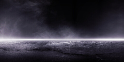 3D Rendering abstract dark night creative blurry outdoor crack broken asphalt background with mist light