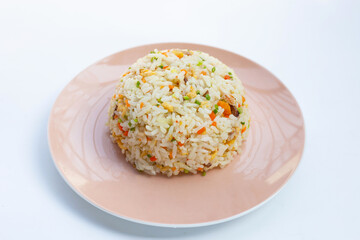 Crab fried rice in plate on white background.