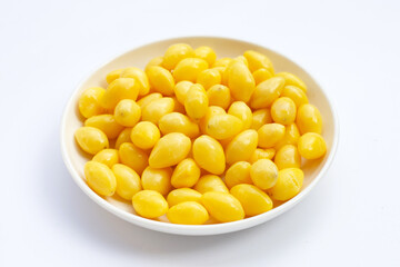 Boiled ginkgo nuts on white background.