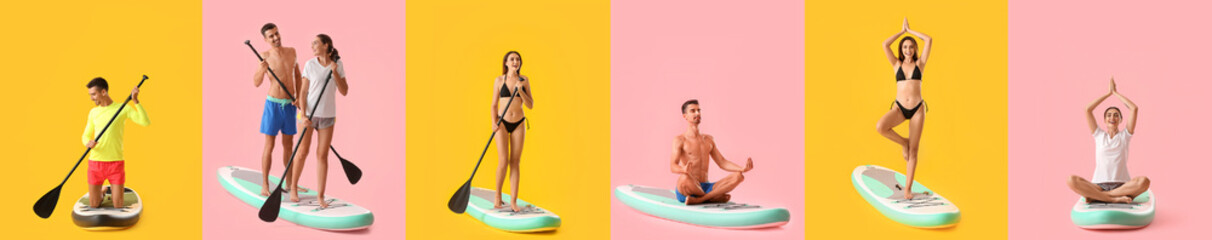 Set of sporty young people with sup boards on colorful background