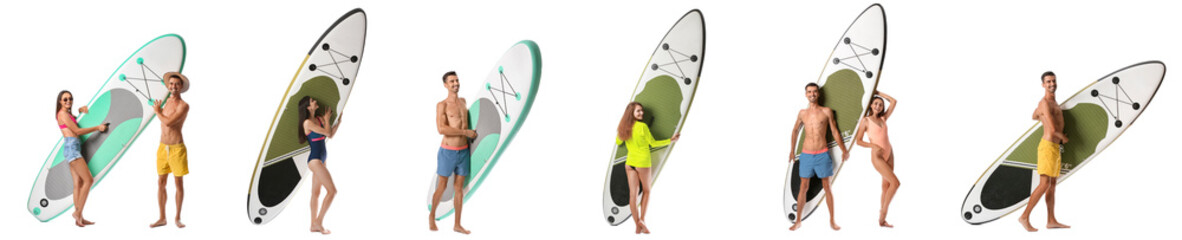 Set of sporty young people with sup boards isolated on white