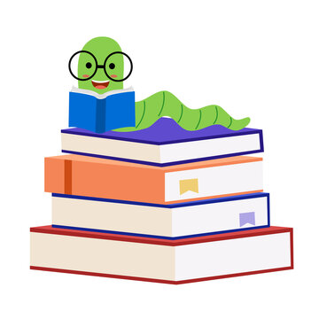 Read more books. Book worm in glasses reading on stack of books in flat design. Education concept vector illustration.