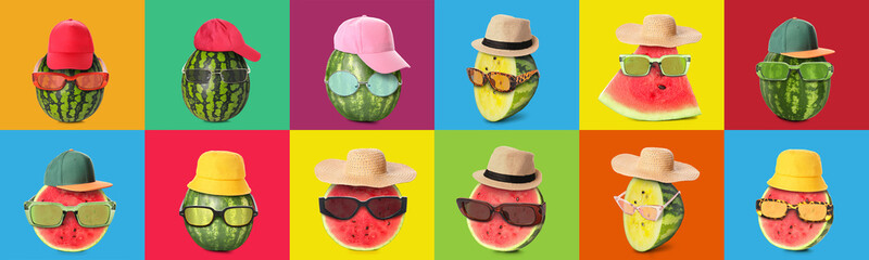 Set of funny watermelons wearing sunglasses and hats on colorful background