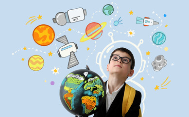 Little schoolboy with globe on light blue background with drawn space