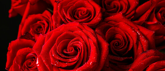 Beautiful red roses with water drops, closeup