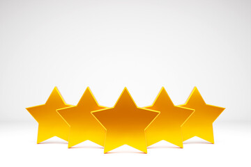 3D illustration. Five yellow stars glossy colors. Achievements for games. Customer rating feedback concept from client
