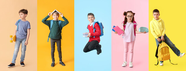 Set of cute schoolchildren on colorful background