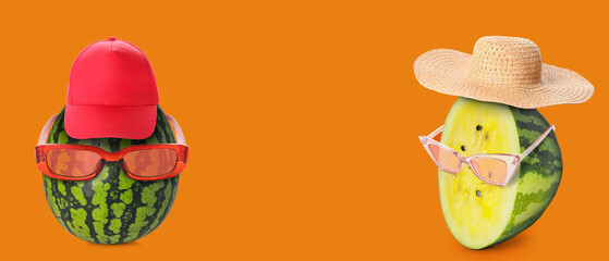Funny watermelon wearing sunglasses and cap on orange background