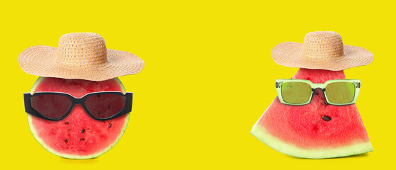 Funny watermelon wearing sunglasses and hat on yellow background