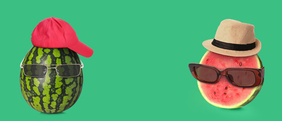 Funny watermelon wearing sunglasses and cap on green background