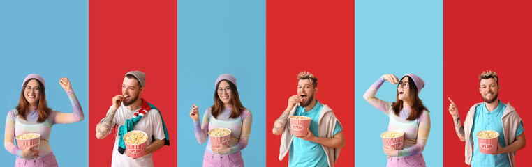 Set of young people with tasty popcorn on colorful background