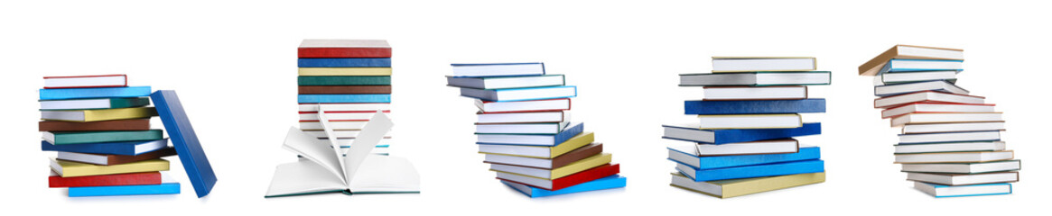 Stacks of books on white background