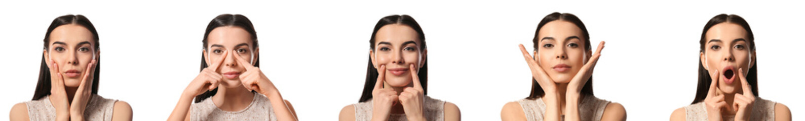 Set of young woman doing face building exercises against white background