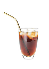 Glass with cold brew coffee and metal straw on white background