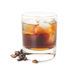 Glass with cold brew and coffee beans on white background