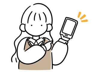 スマホを見せる学生風の女の子のおしゃれな線画イラスト