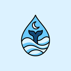 blue whale tail at sea level with wavy ocean waves and water droplets frame vector illustration symbol graphic design.