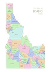 Political map of Idaho state, Northwestern American region. USA state highly detailed administrative map with territory borders and counties names labeled realistic vector illustration