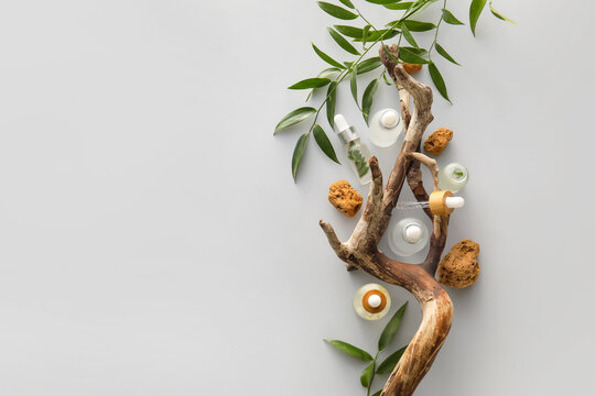 Bottles of natural serum, stones and tree branches with plant leaves on light background