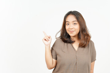 Showing Product and Pointing Side of Beautiful Asian Woman Isolated On White Background