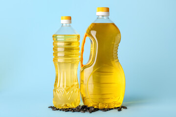 Bottles of oil and sunflower seeds on blue background