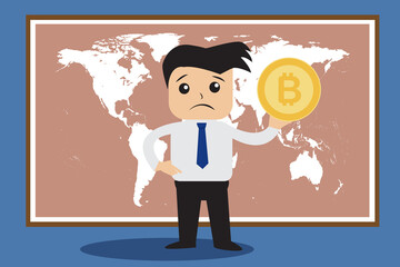 Trader man Holding cryptocurrency coins  Global world communication technology for finance, blockchain. Vector illustration