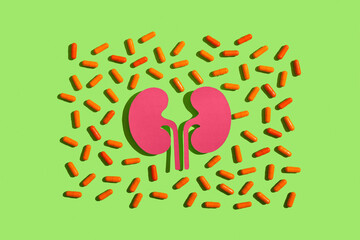 Paper kidneys with pills on green background