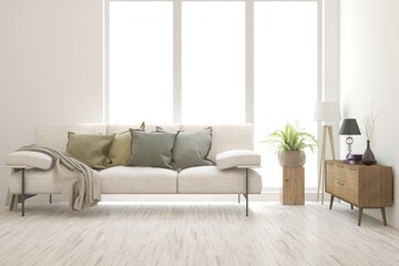 White living room with sofa. Scandinavian interior design. 3D illustration