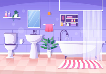Modern Bathroom Furniture Interior Background Illustration with Bathtub, Faucet Toilet Sink to Shower and Clean up in Flat Color Style