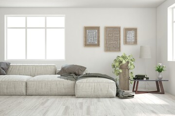 White living room with sofa. Scandinavian interior design. 3D illustration