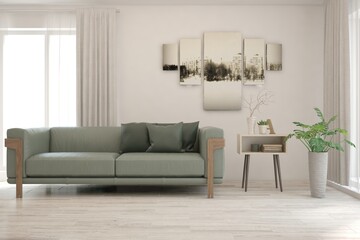 White living room with sofa. Scandinavian interior design. 3D illustration