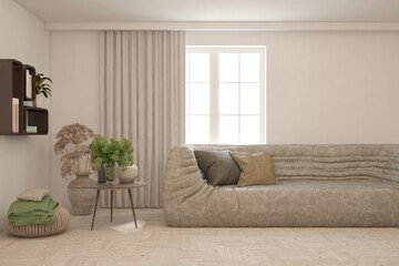 White living room with sofa. Scandinavian interior design. 3D illustration
