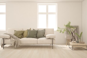 White living room with sofa. Scandinavian interior design. 3D illustration