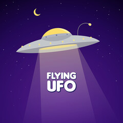 UFO flying in the sky illustration on night galaxy gradient color background