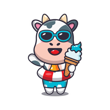 Cute cow cartoon mascot character with ice cream on beach