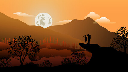 Mountain Landscape With Trees, The Moon And Two Person Silhouettes. Cute Aesthetic Wallpaper For Laptop.