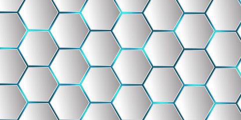 White 3d hexagonal technology abstract background. Blue bright energy flashes under hexagon background, White honeycomb texture grid, vector, illustration