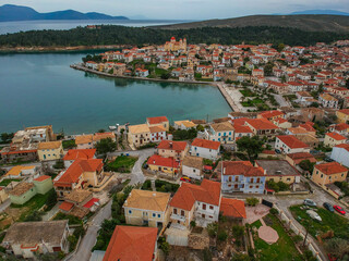 Aerial panoramic view from the picturesque fishing village of Galaxidi or Galaxeidi. It is a famous coastal village and a former municipality in the southern part of Phocis, Greece, Europe