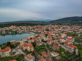 Aerial panoramic view from the picturesque fishing village of Galaxidi or Galaxeidi. It is a famous coastal village and a former municipality in the southern part of Phocis, Greece, Europe