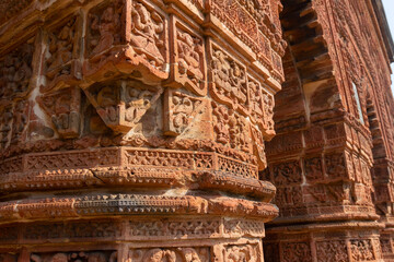 Famous terracotta (fired clay of a brownish-red colour, used as ornamental building material) motif artworks at Madanmohan Temple, Bishnupur, West Bengal, India. UNESCO heritage site of India.