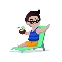 Boy Having Drink on Beach Chair With Coconut Vector Illustration