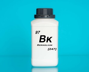 Berkelium Bk chemical element in a laboratory plastic container