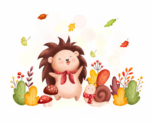 Watercolor Illustration cute autumn hedgehog and snail and falling leaves © Stella
