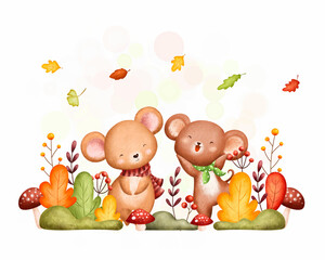 Obraz na płótnie Canvas Watercolor Illustration cute autumn mouse and falling leaves