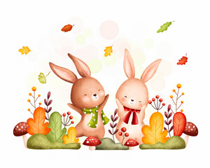 Watercolor Illustration cute autumn rabbits and falling leaves