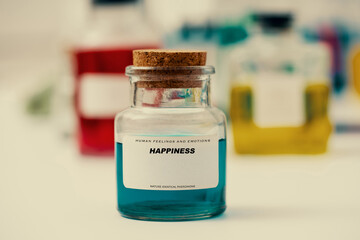 Happiness. Pheromones, hormones and neurostimulants chemicals that regulate human emotions and mood. Aromatic extract in vintage pharmacy bottle