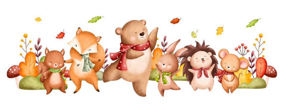 Watercolor Illustration Cute Autumn Animals And Falling Leaves Background