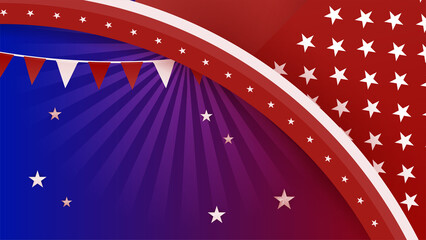USA flag background. American flag waving in the wind vector illustration. Happy 4th of July stars balloons fireworks - Independence Day USA blue red background for celebration poster template