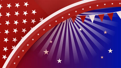 USA flag background. American flag waving in the wind vector illustration. Happy 4th of July stars balloons fireworks - Independence Day USA blue red background for celebration poster template